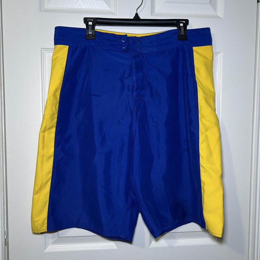 Hawaiian Tropic Board Shorts Men's L Blue Yellow Colorblock Swim Trunks Surf